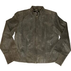 ALFANI WOMENS LEATHER JACKET VINTAGE BROWN SNAKESKIN PRINT ZIP MOTO BOMBER Y2K L